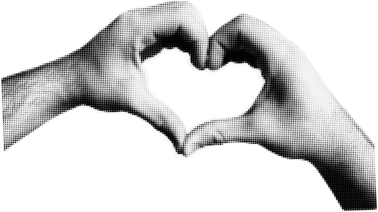 Black-and-white halftone hands forming a heart.