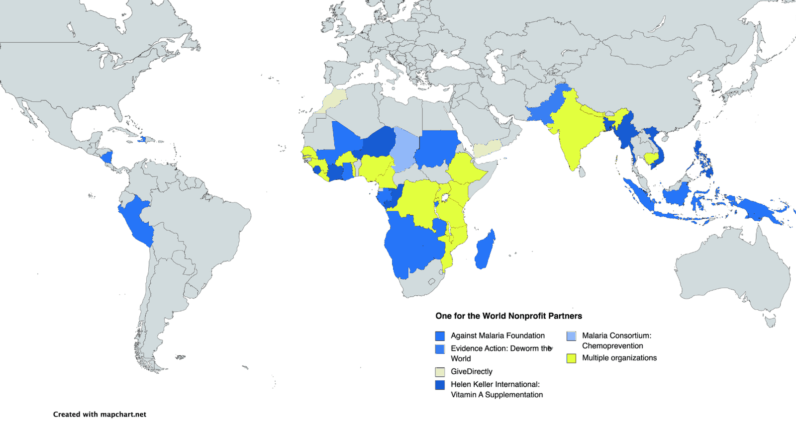 World map of One for the World nonprofit partners in the OFTW blue and lime palette.